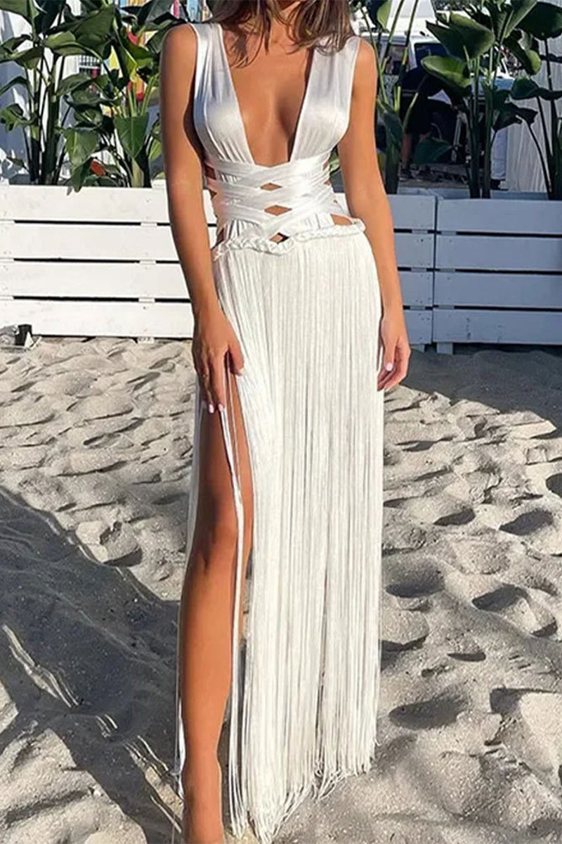 Sexy Solid Tassel Backless V Neck Sleeveless Dresses