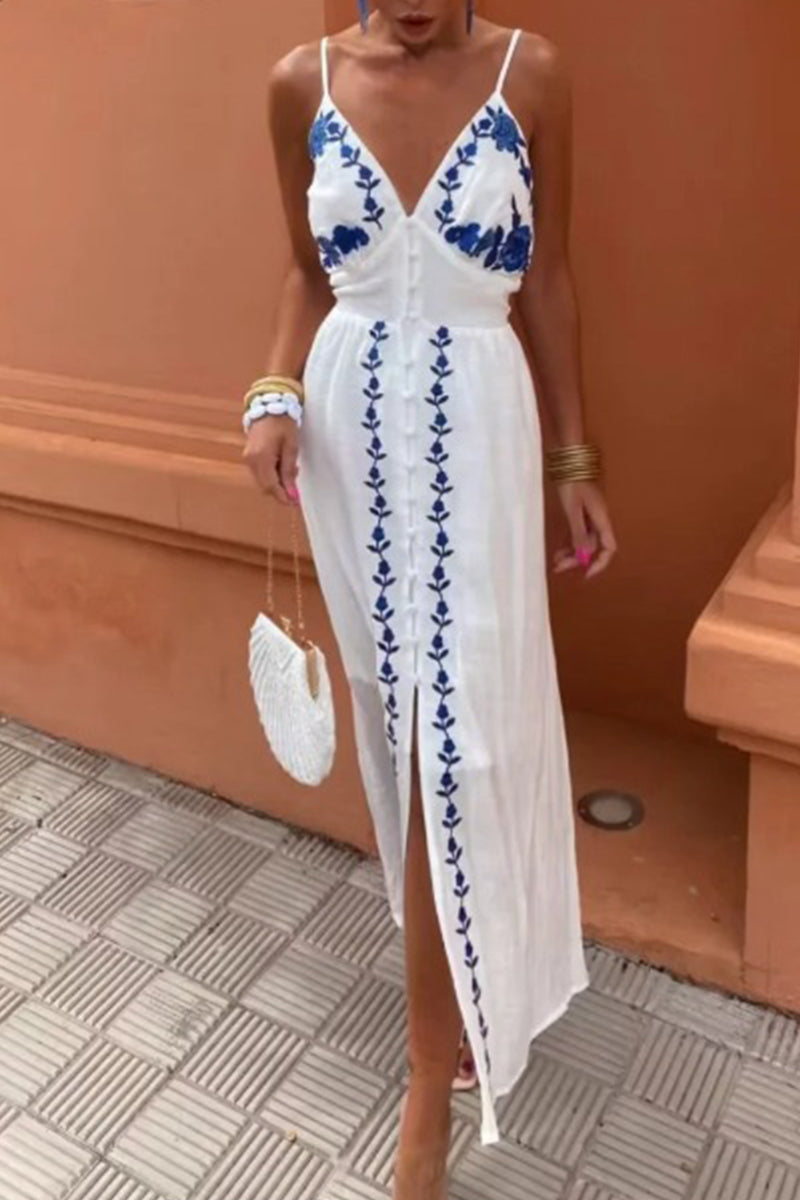 Sexy Flowers Embroidered Slit V Neck Sling Dresses