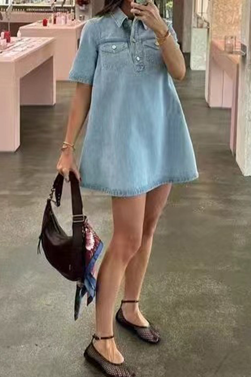 Casual Daily Solid Color Buttons Turndown Collar Short Sleeve Loose Denim Dresses