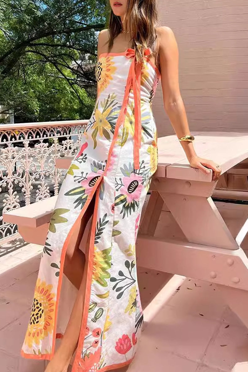 Sexy Floral Print Lace Up Slit Strapless Printed Dresses