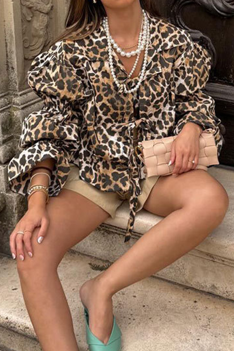 Casual Leopard Print Lace Up V Neck Tops