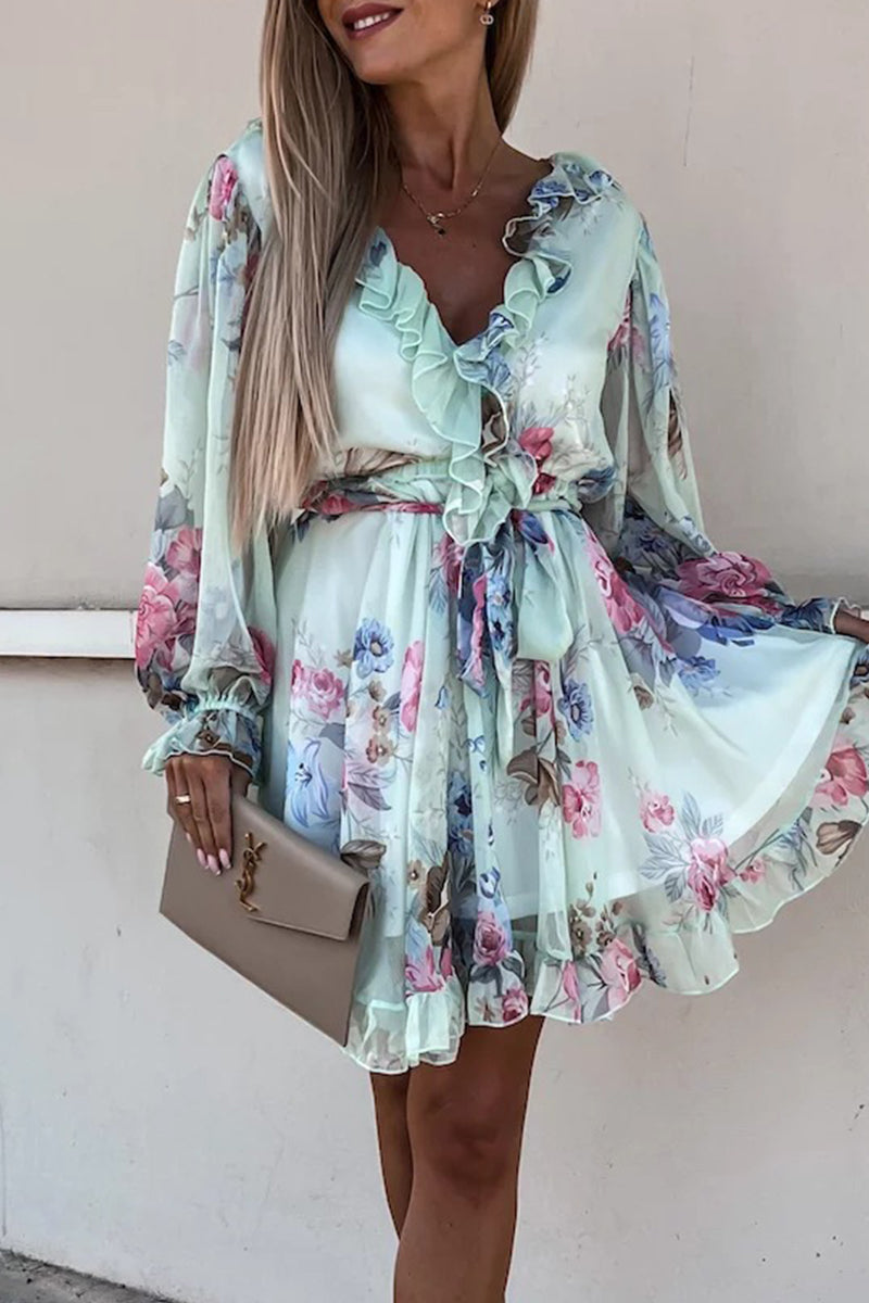 Sexy Floral Print Lace Up Ruffle V Neck Waist Skirt Dresses