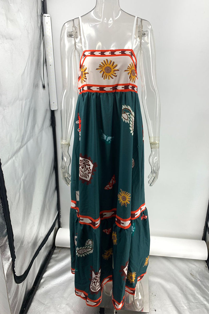 Sexy Vacation Graffiti Print Patchwork Square Neck Sling Dresses