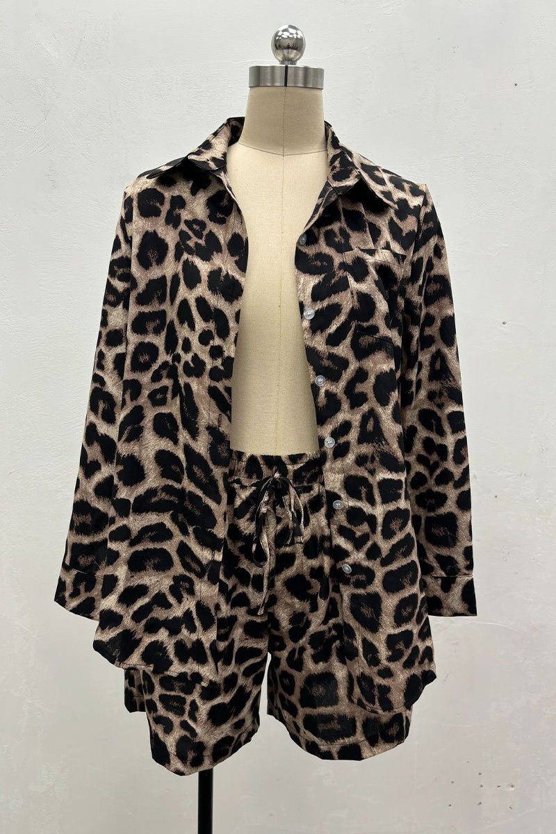 Casual Street Leopard Print Pocket Knotted Turndown Collar Long Sleeve Two Pieces