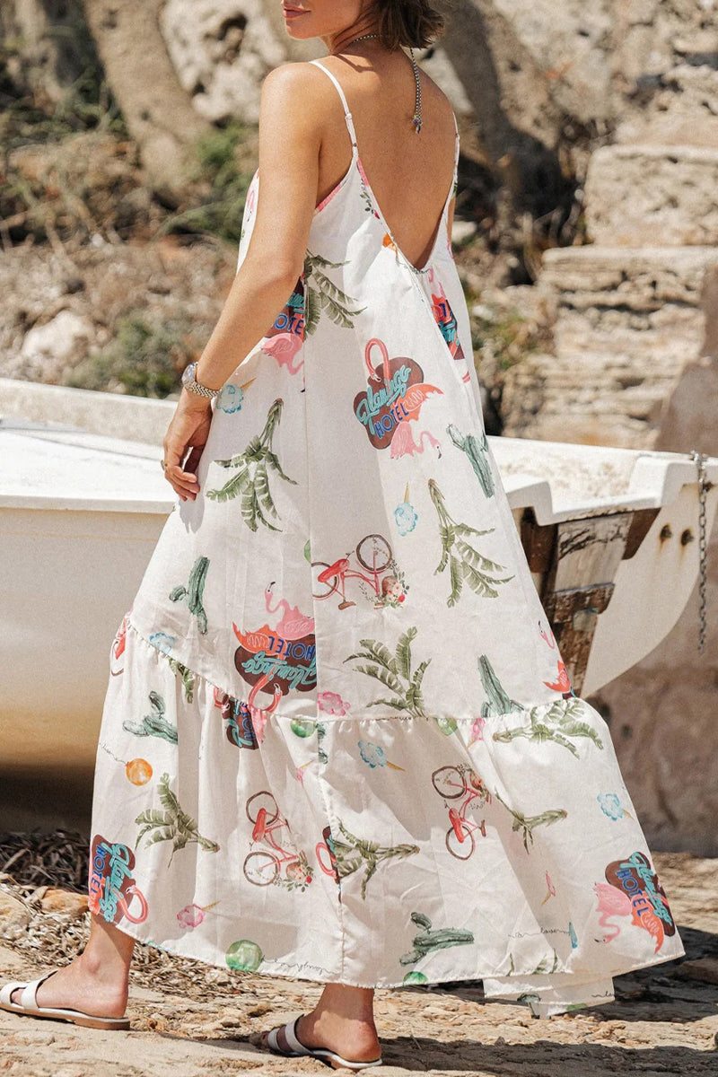 Casual Vacation Floral Print U Neck Sling Dresses