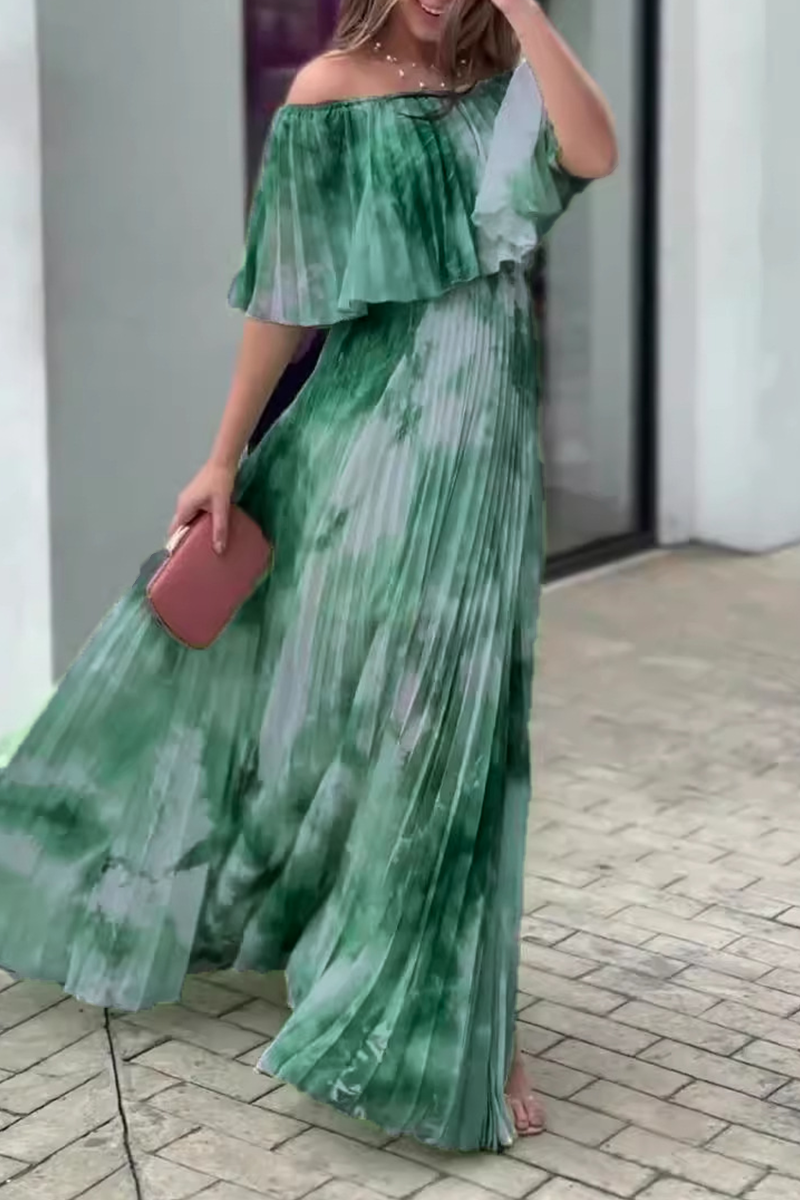 Elegant Gradient Print Pleated Off Shoulder Pleated Dresses