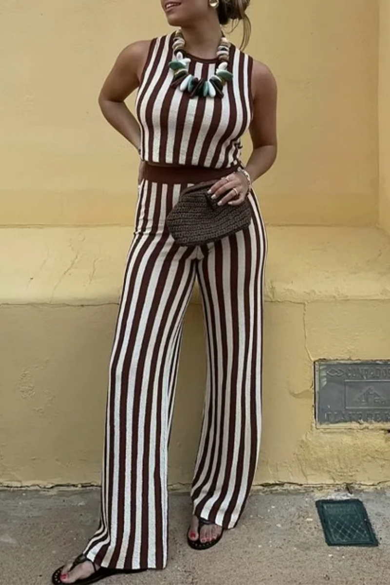 Casual Street Stripe Weave O Neck Sleeveless Two Pieces