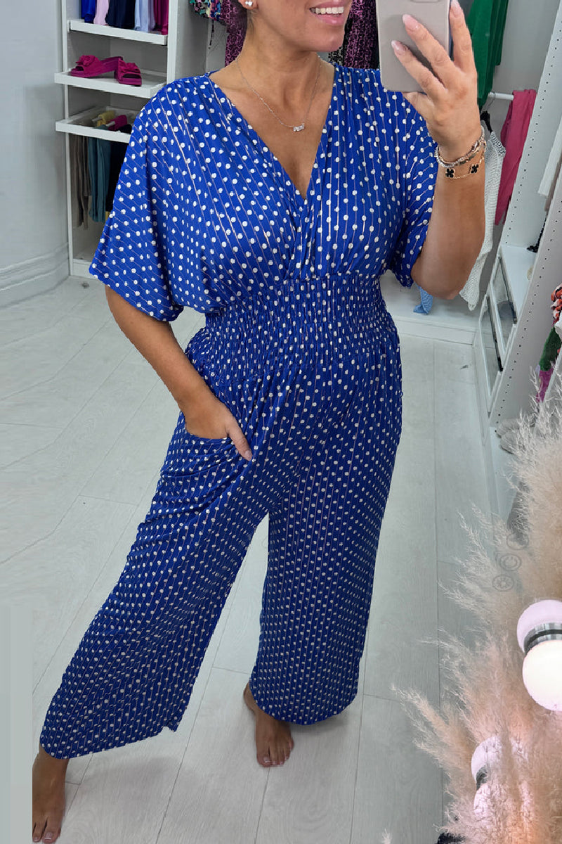 Casual Polka Dot Print Patchwork V Neck Regular Jumpsuits(3 Colors)