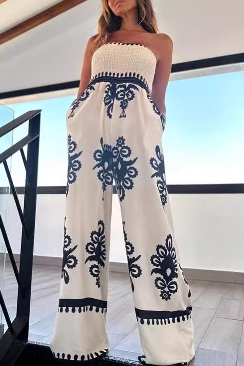 Sexy Geometric Print Pocket Strapless Loose Jumpsuits