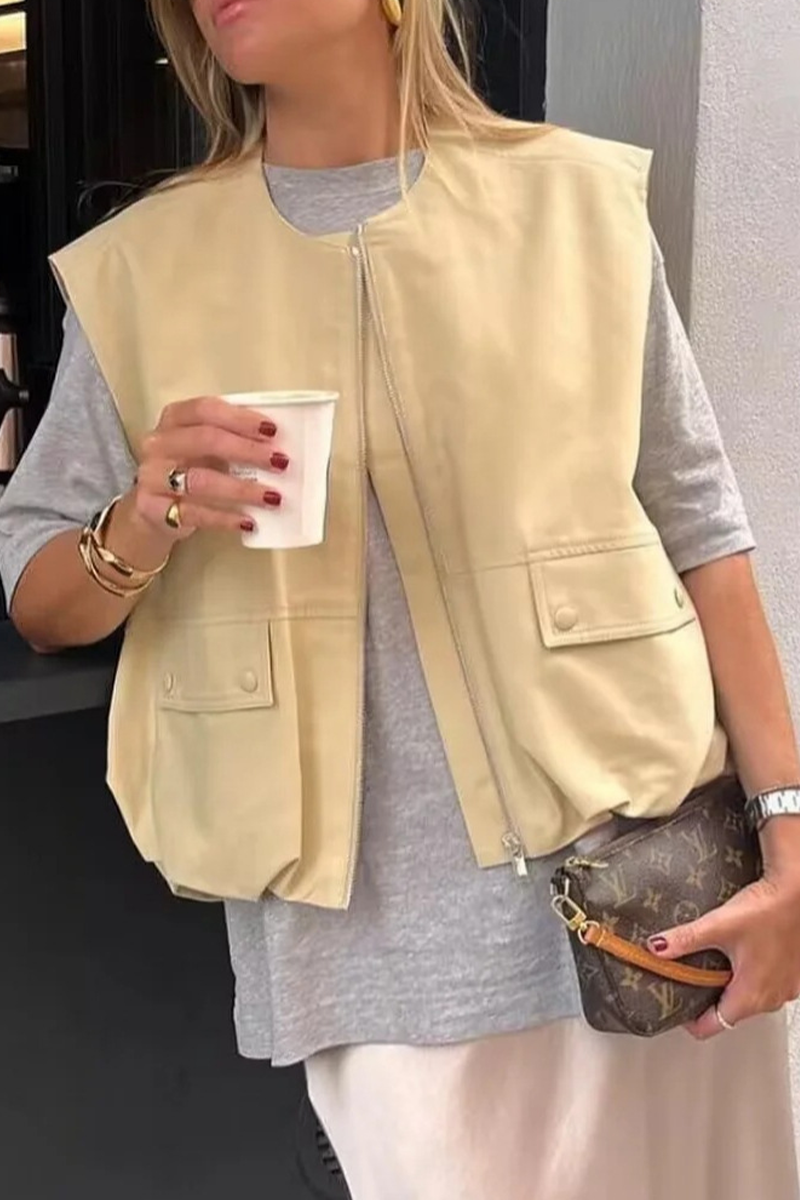 Casual Street Solid Color Pocket Zipper O Neck Waistcoats