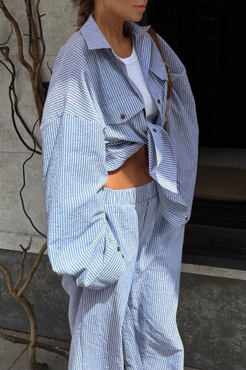 Casual Striped Print Pocket Contrast Turndown Collar Long Sleeve Two Pieces