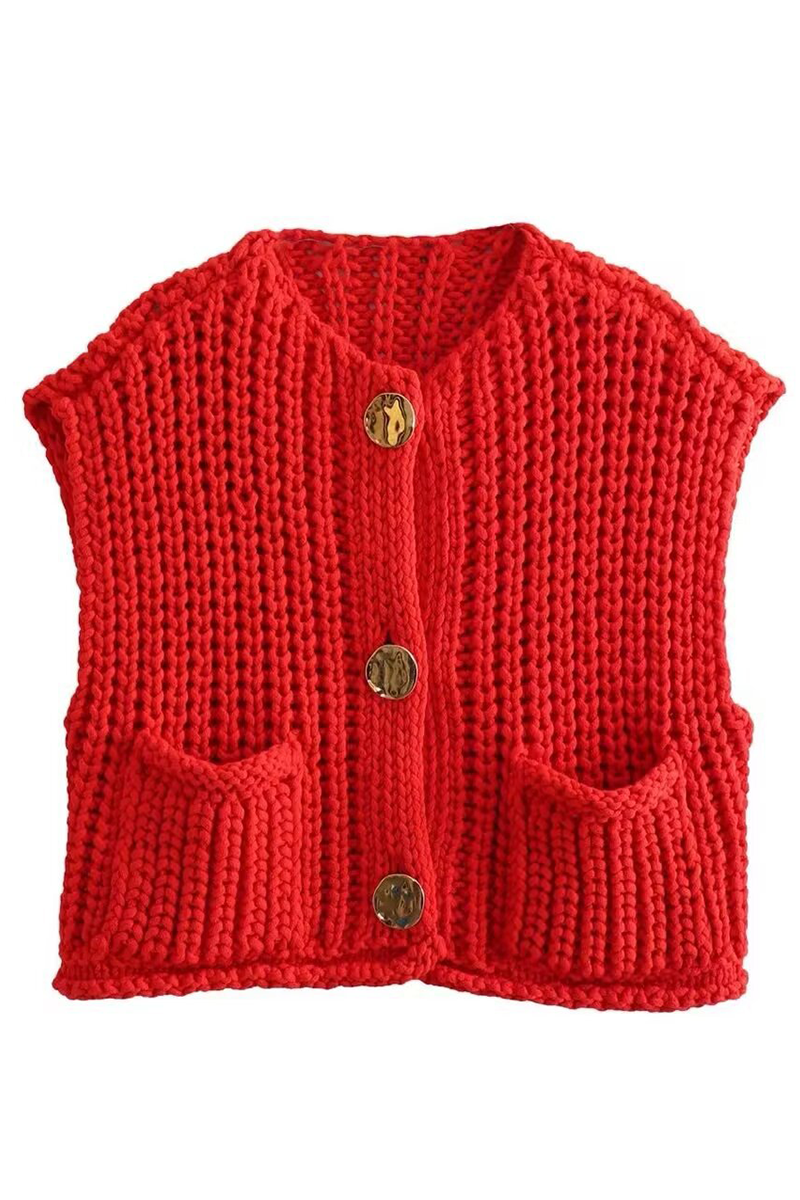 Casual Daily Solid Color Pocket Buttons Weave O Neck Sweaters(3 Colors)