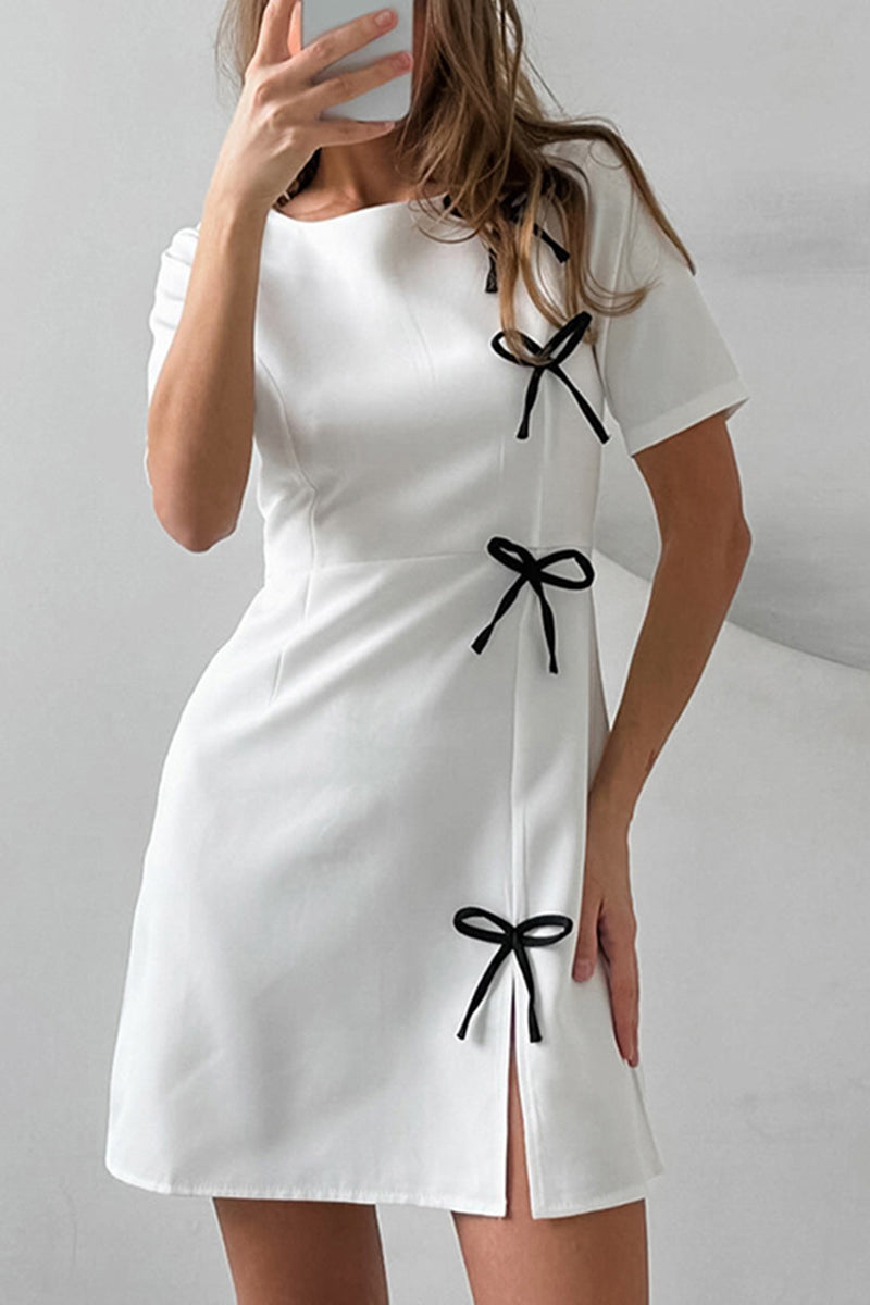 Daily Solid Color Slit Bow Decor O Neck Short Sleeve Short Sleeve Dress