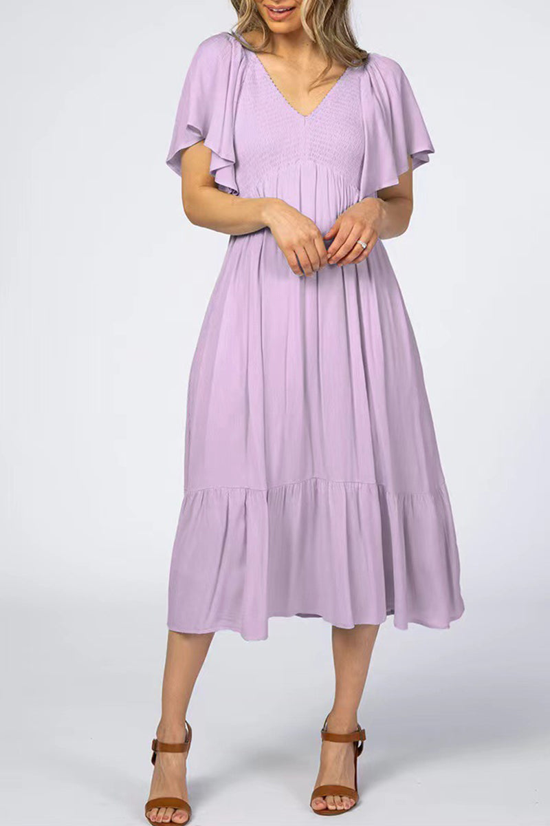 Elegant Solid Color Ruffle V Neck A Line Short Sleeve Dress(4 Colors)