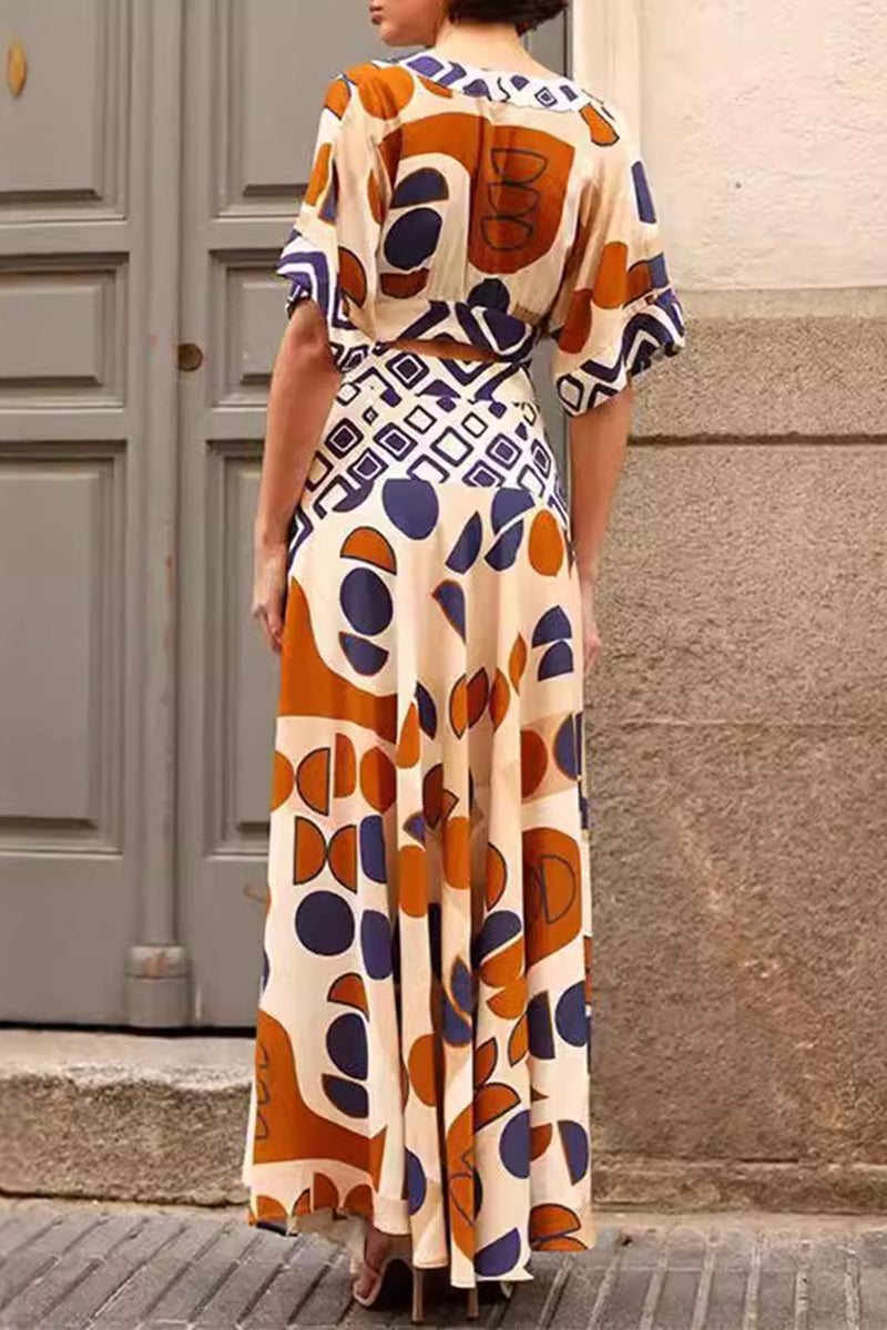 Elegant Geometric Print Hollow Out V Neck Short Sleeve Dresses