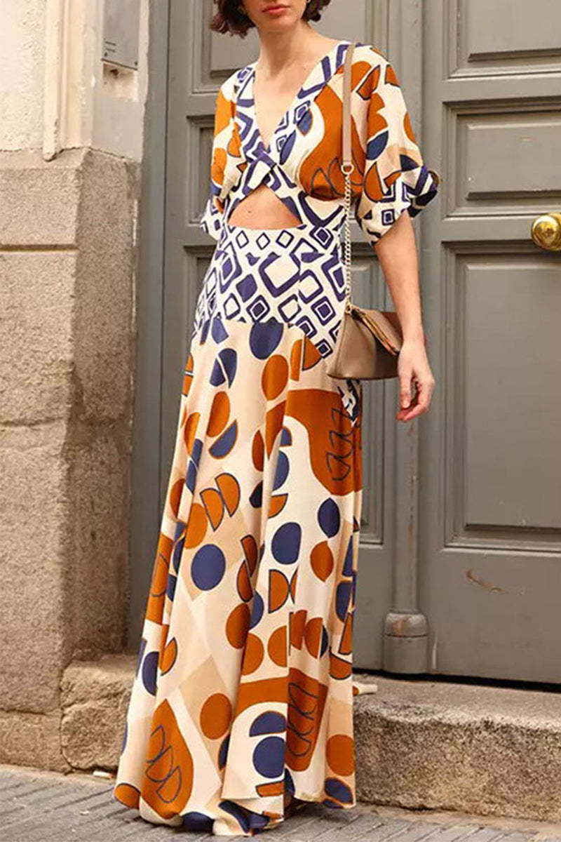 Elegant Geometric Print Hollow Out V Neck Short Sleeve Dresses