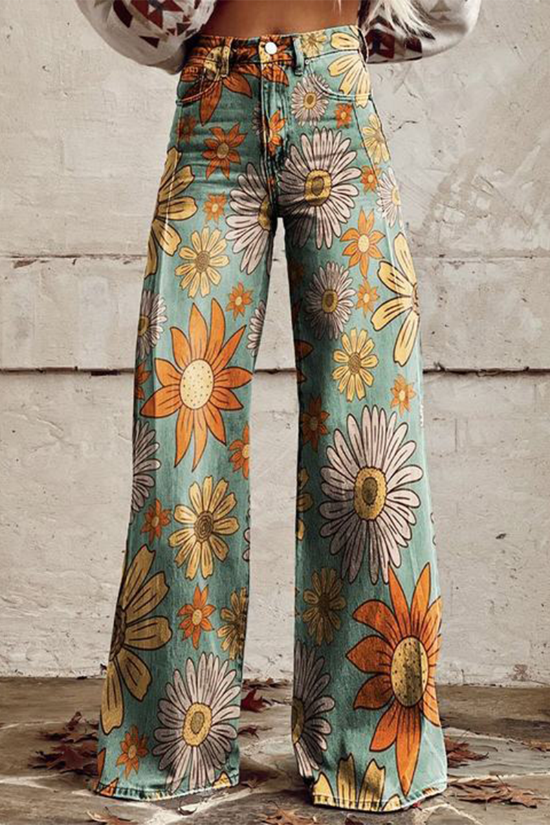 Casual Street Geometric Print Animal Print Flowers Buttons Contrast Loose High Waist Wide Leg Full Print Bottoms(10 Colors)