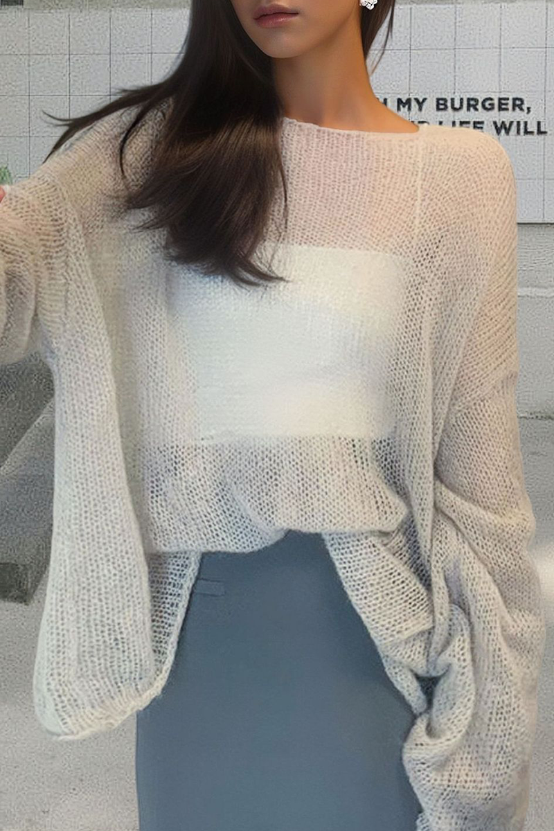 Casual Solid Color See-Through O Neck Sweaters(3 Colors)