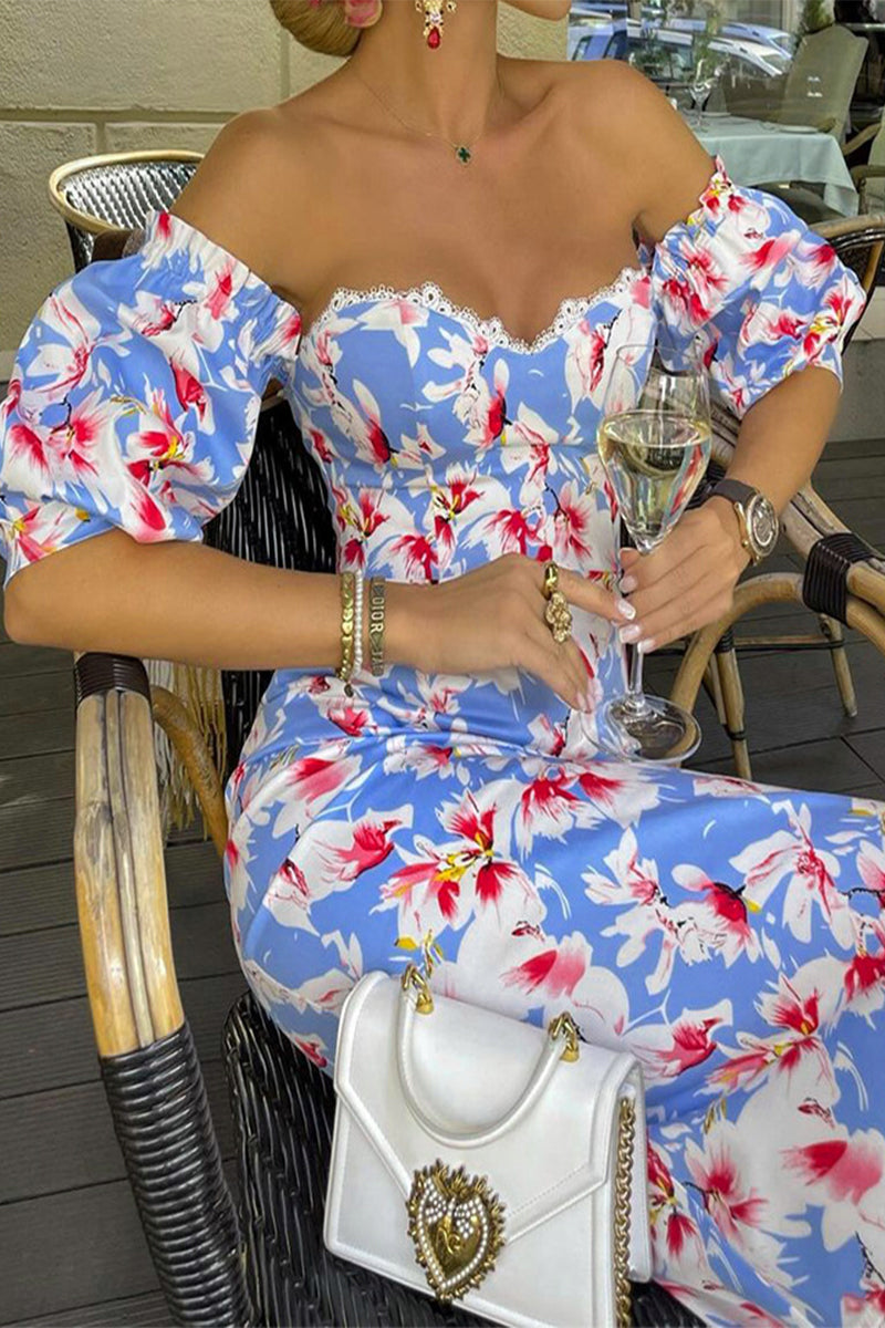 Sexy Floral Print Backless Off Shoulder Wrapped Skirt Dresses