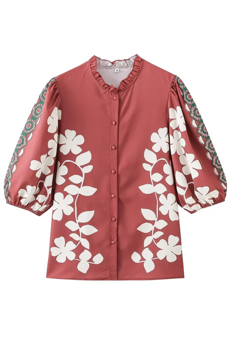 Casual Floral Print Buttons O Neck Blouses