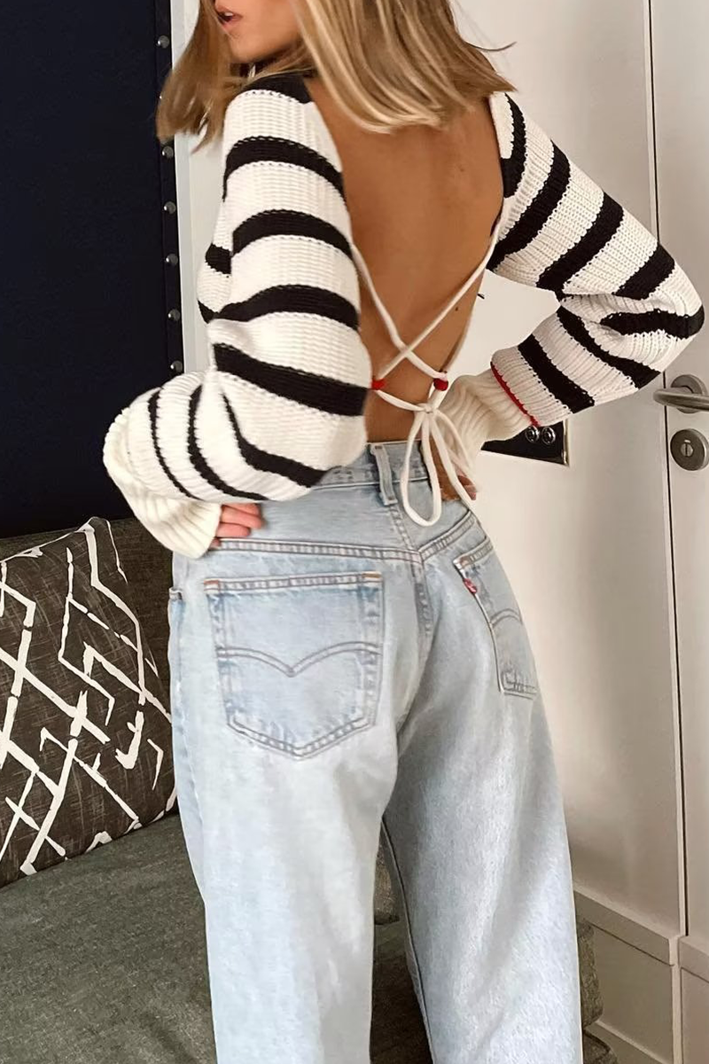 Casual Stripe Lace Up Backless Weave Contrast O Neck Sweaters