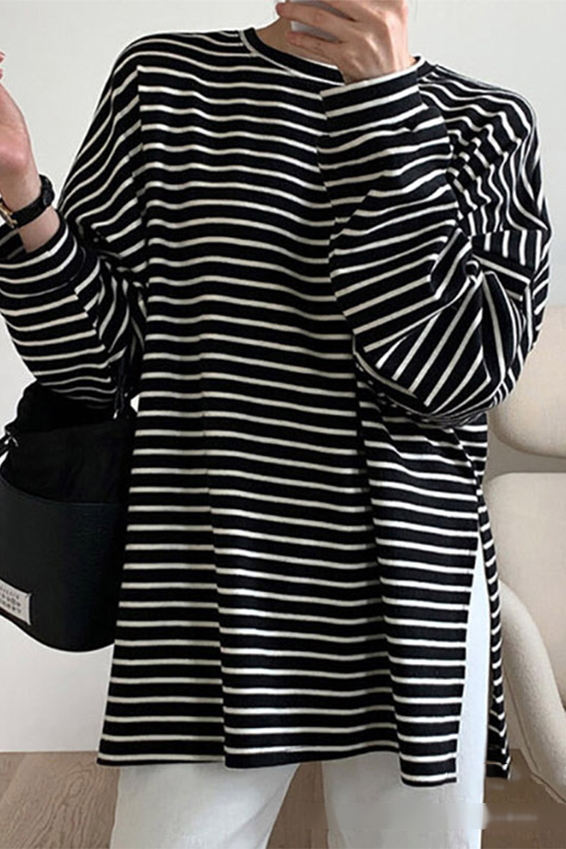 Casual Daily Striped Print Slit Contrast O Neck Tops