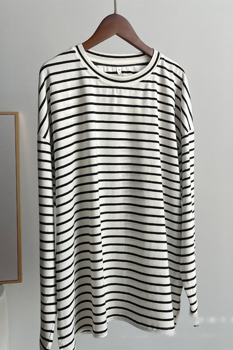 Casual Daily Striped Print Slit Contrast O Neck Tops