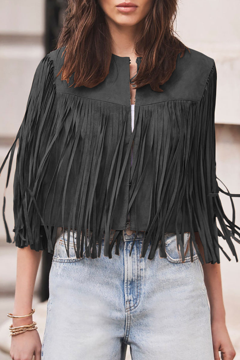 Casual Street Solid Color Fringed Trim O Neck Waistcoats