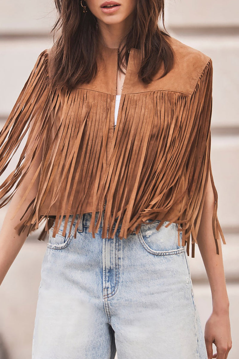 Casual Street Solid Color Fringed Trim O Neck Waistcoats