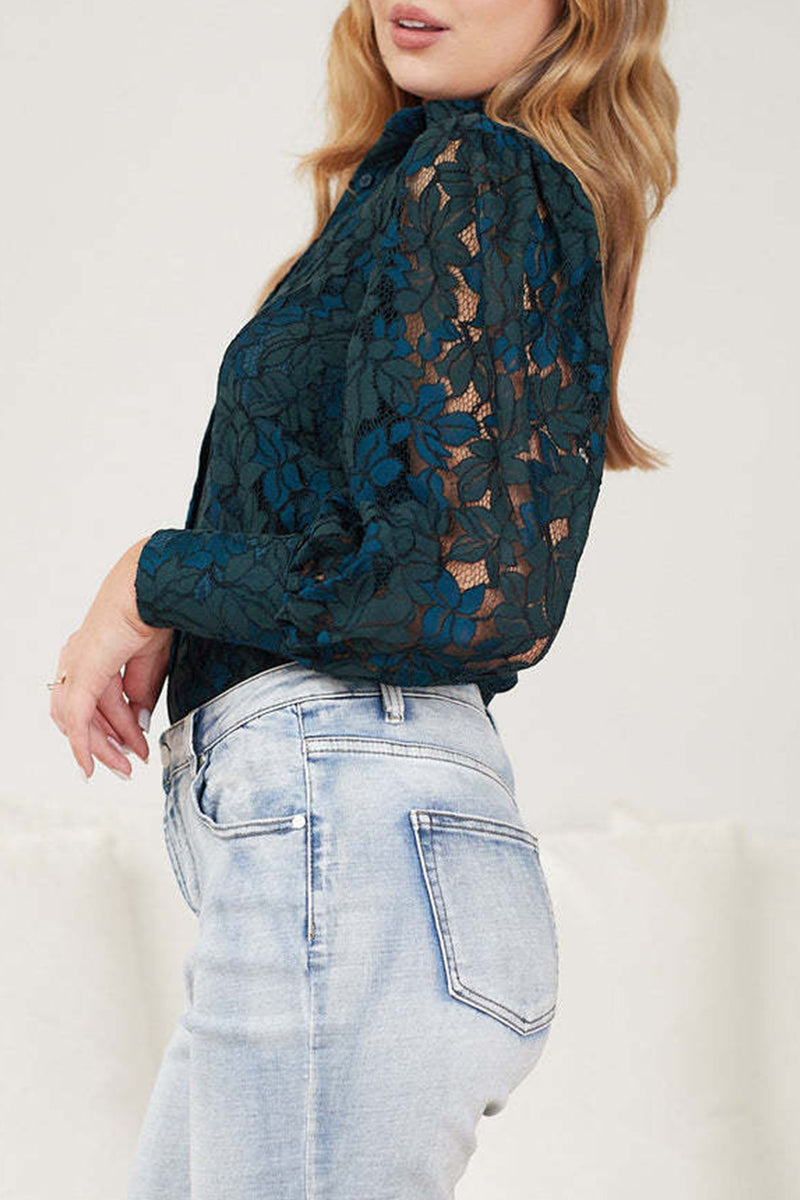 Sexy Solid Color Lace Hollow Out Turndown Collar Blouses