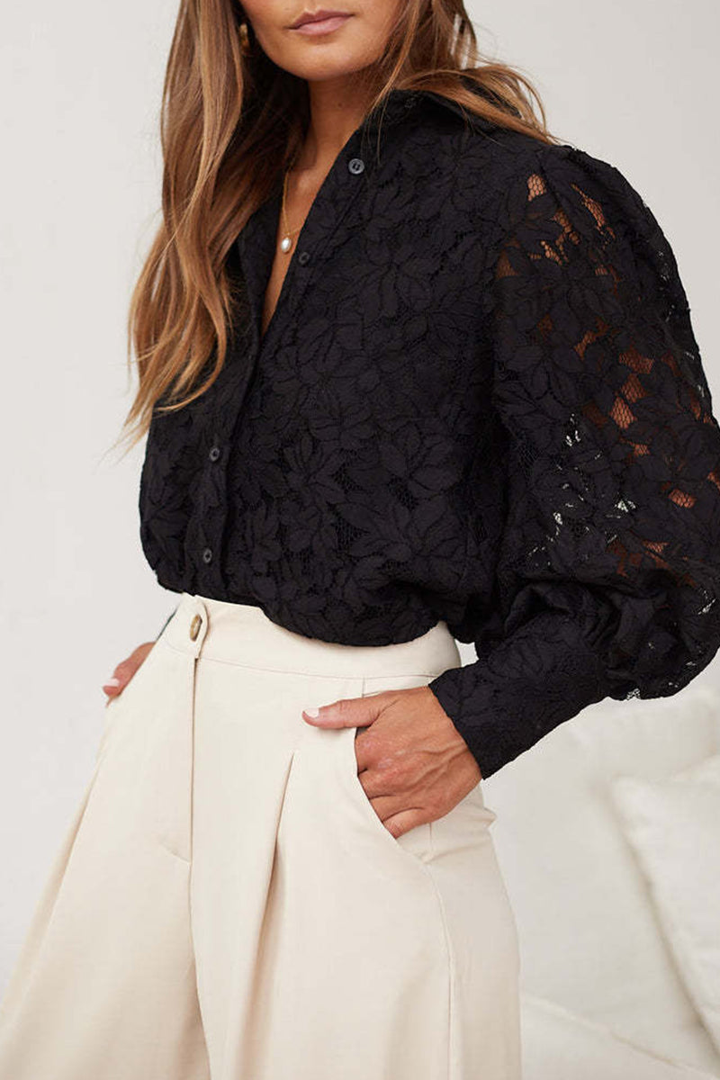 Sexy Solid Color Lace Hollow Out Turndown Collar Blouses