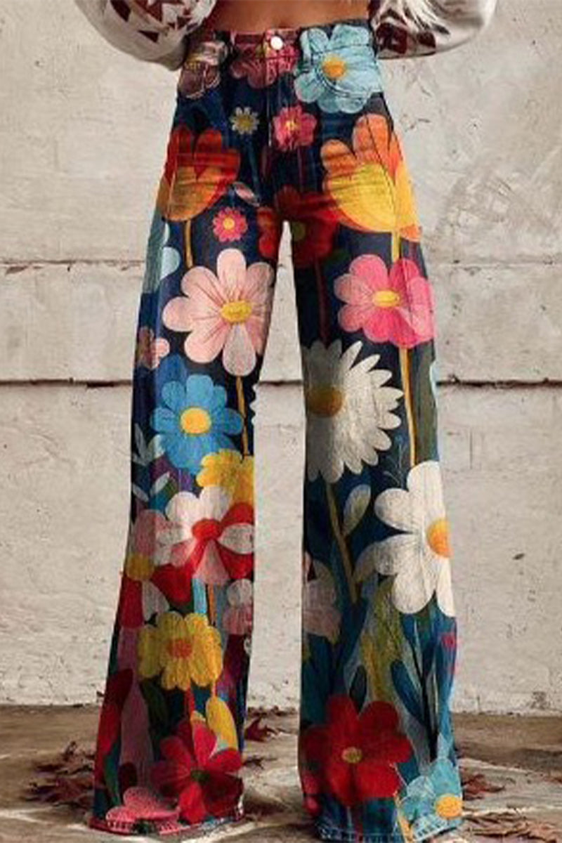 Casual Street Geometric Print Animal Print Flowers Buttons Contrast Loose High Waist Wide Leg Full Print Bottoms(10 Colors)