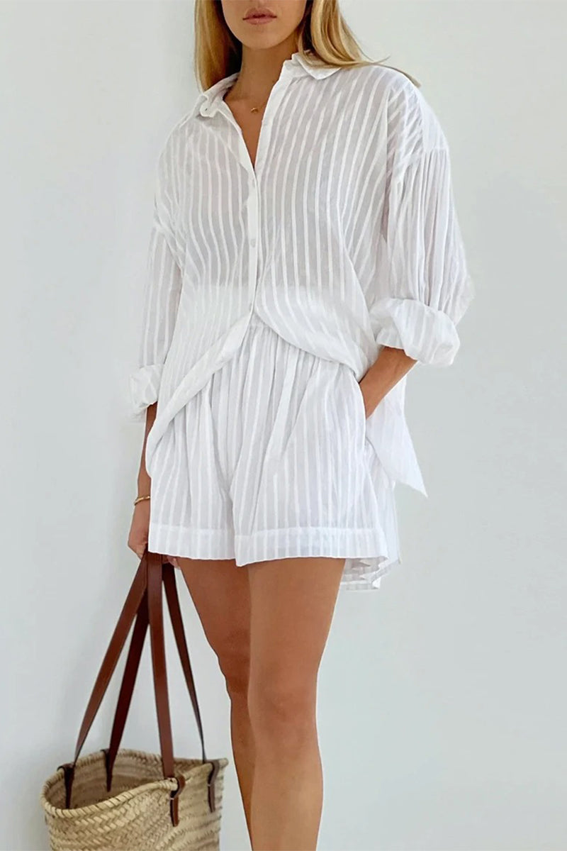 Casual Solid Color Pocket See-Through Texture Turndown Collar Long Sleeve Two Pieces