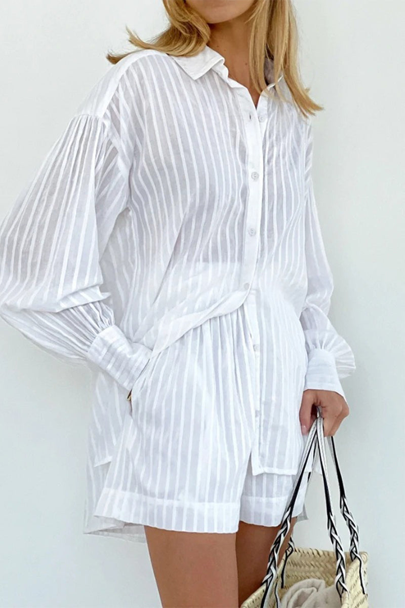 Casual Solid Color Pocket See-Through Texture Turndown Collar Long Sleeve Two Pieces