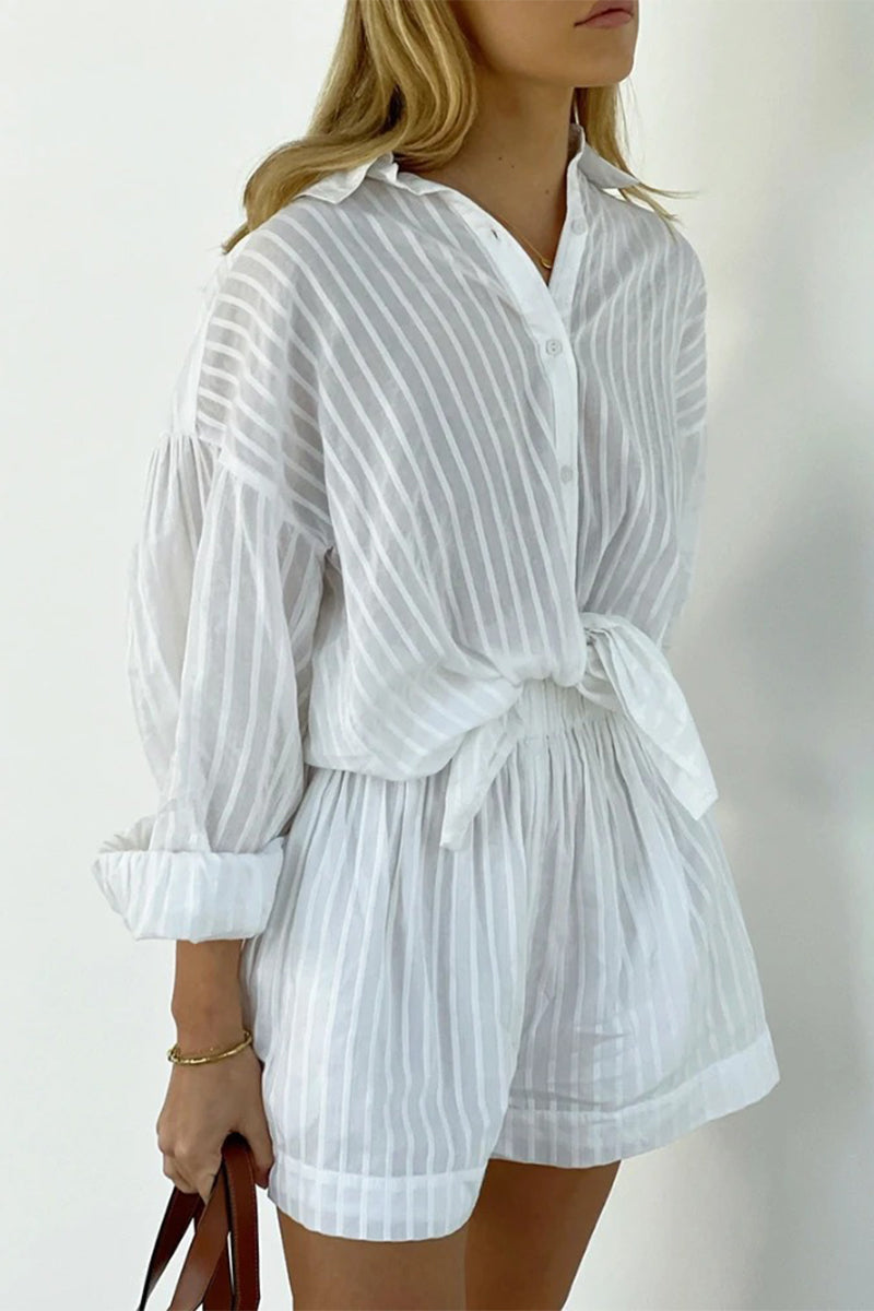 Casual Solid Color Pocket See-Through Texture Turndown Collar Long Sleeve Two Pieces