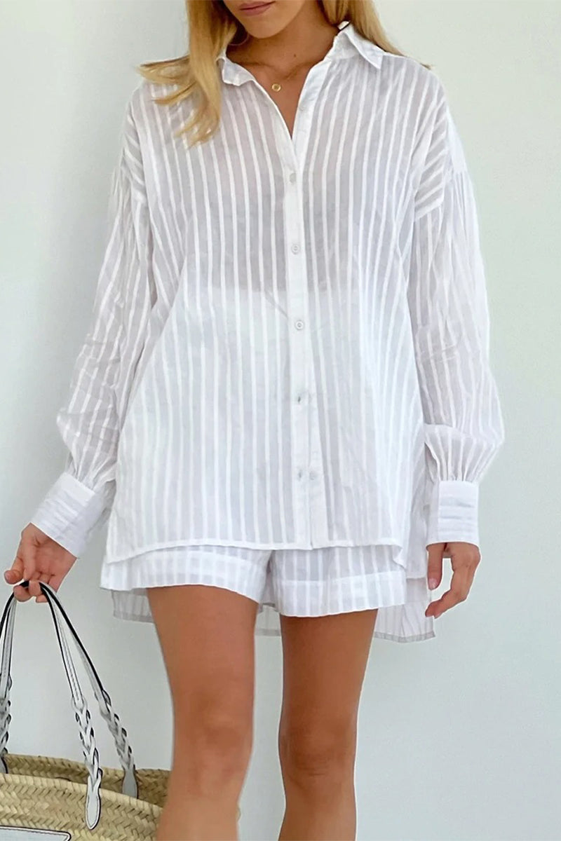 Casual Solid Color Pocket See-Through Texture Turndown Collar Long Sleeve Two Pieces