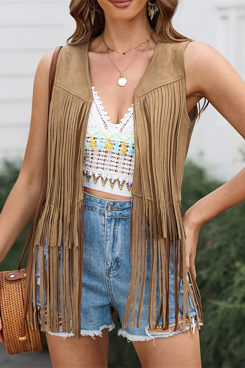 Casual Solid Color Fringed Trim V Neck Tops