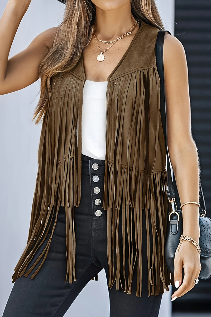 Casual Solid Color Fringed Trim V Neck Tops