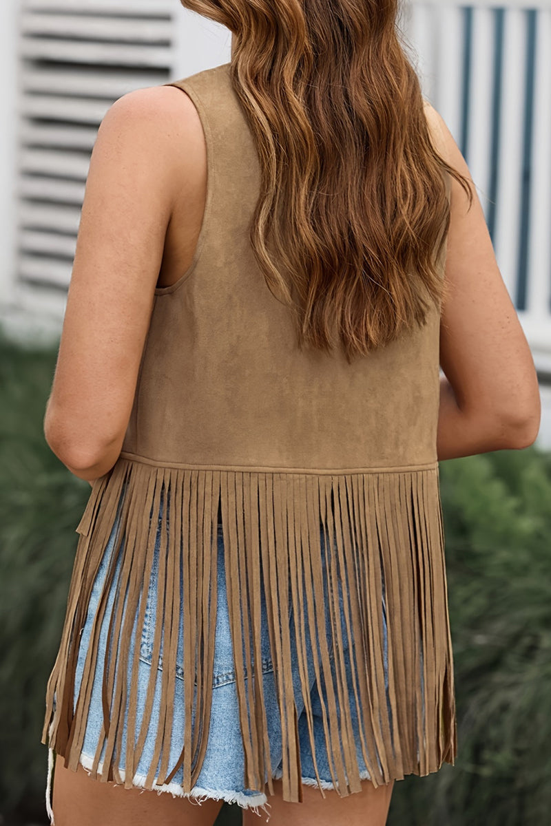 Casual Solid Color Fringed Trim V Neck Tops