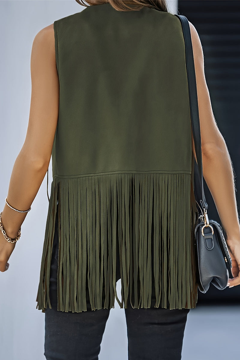 Casual Solid Color Fringed Trim V Neck Tops