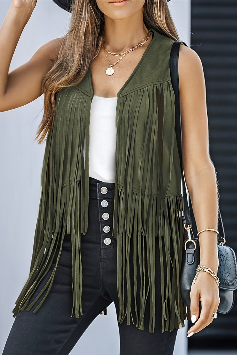 Casual Solid Color Fringed Trim V Neck Tops