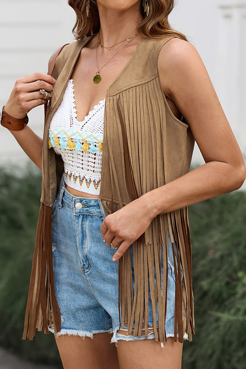 Casual Solid Color Fringed Trim V Neck Tops