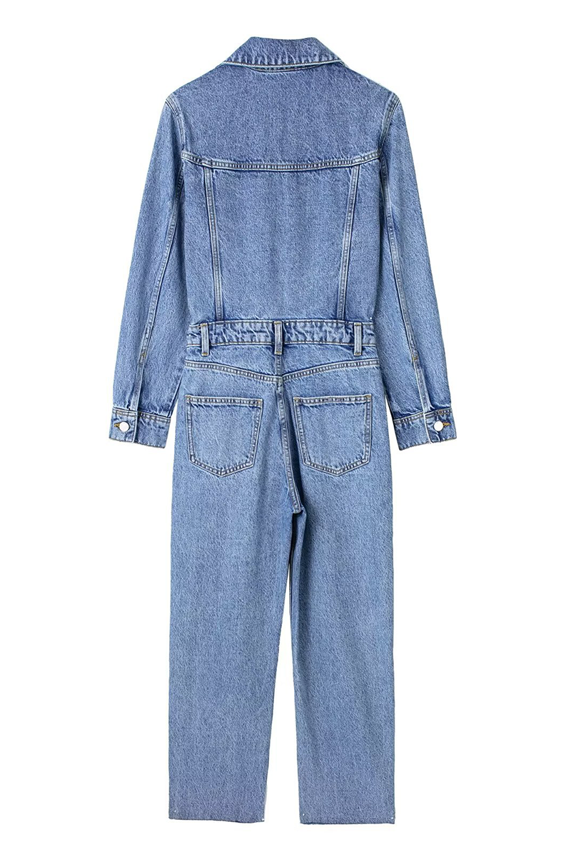 Casual Street Pocket Buttons Turndown Collar Long Sleeve Loose Denim Jumpsuits