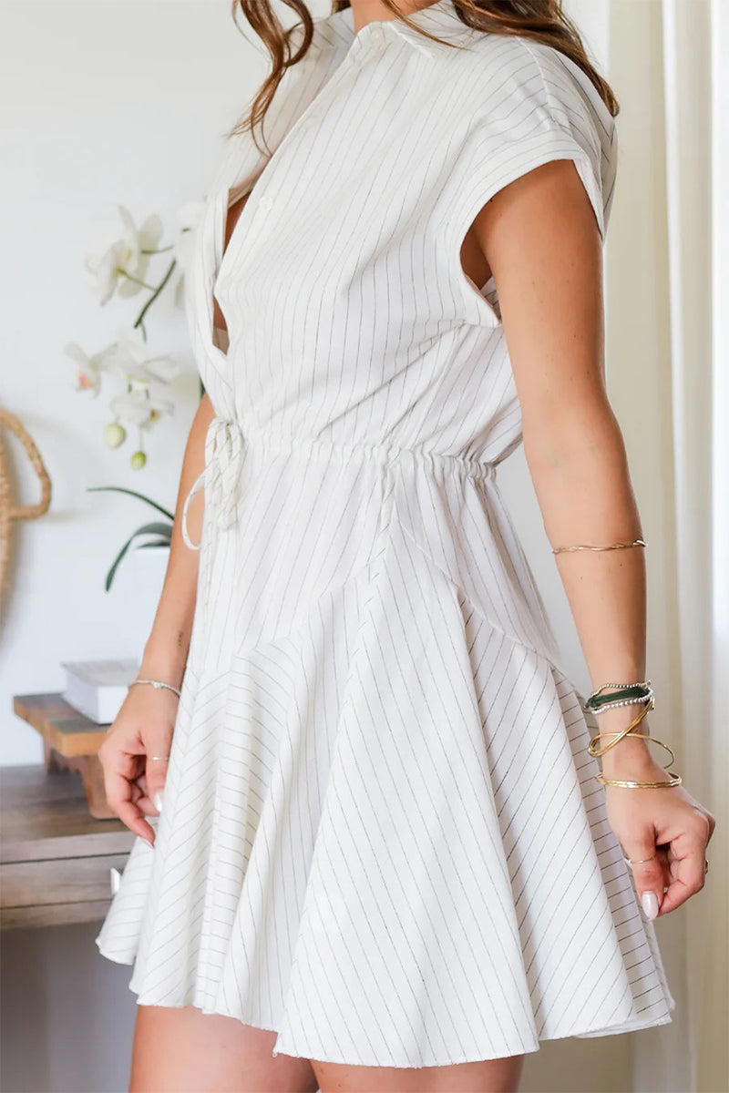 Casual Striped Print Lace Up Buckle Turndown Collar A Line Dresses