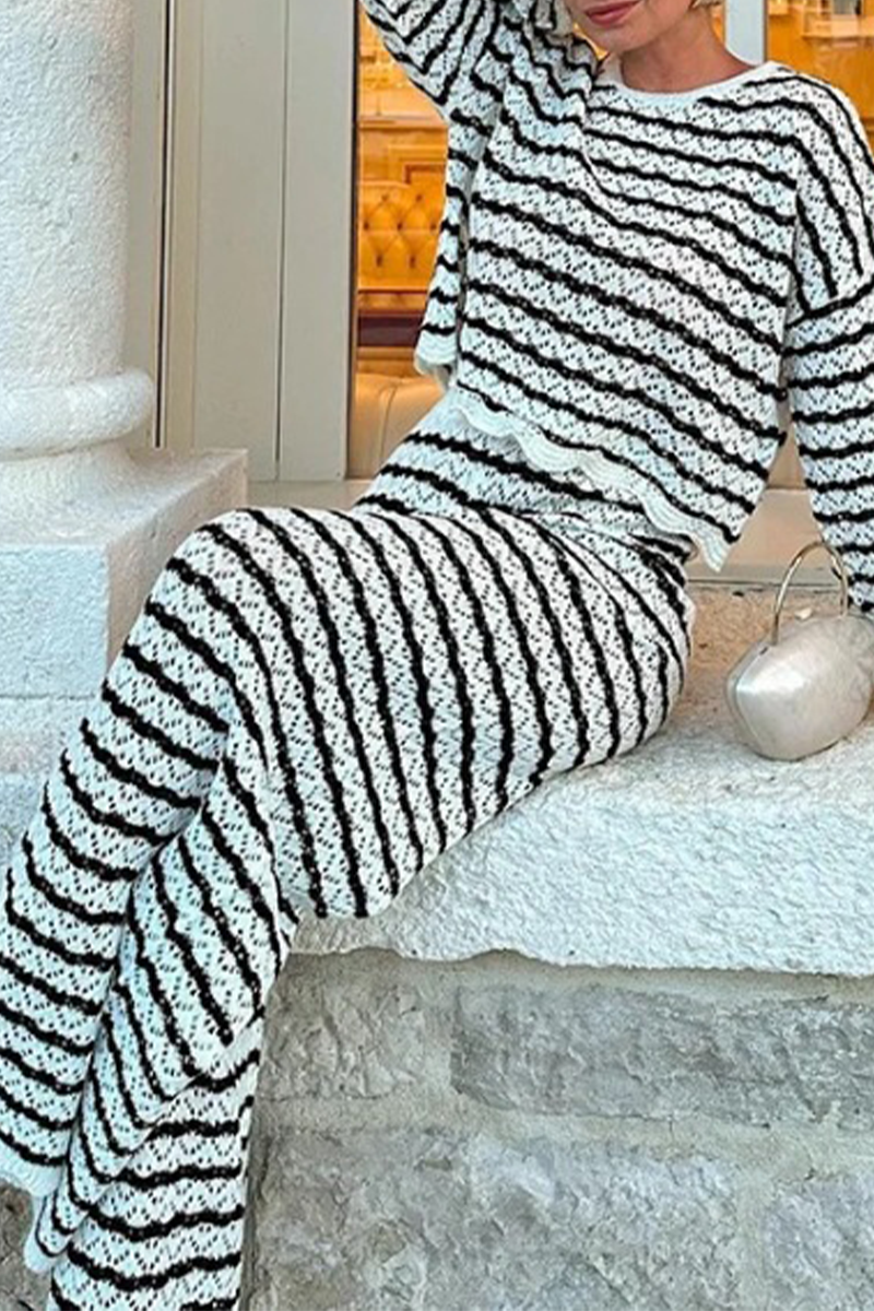 Casual Stripe Weave Contrast O Neck Long Sleeve Two Pieces