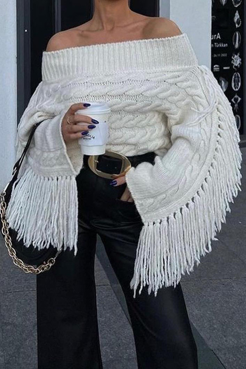 Sexy Street Fringed Trim Weave Off Shoulder Sweaters