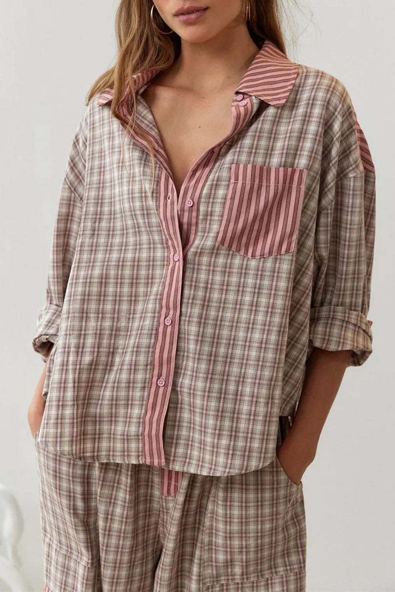 Casual Plaid Draw String Pocket Contrast Turndown Collar Long Sleeve Two Pieces