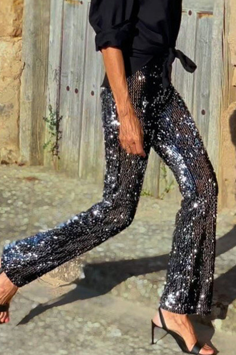 Casual Street Sequins Loose High Waist Straight Patchwork Bottoms