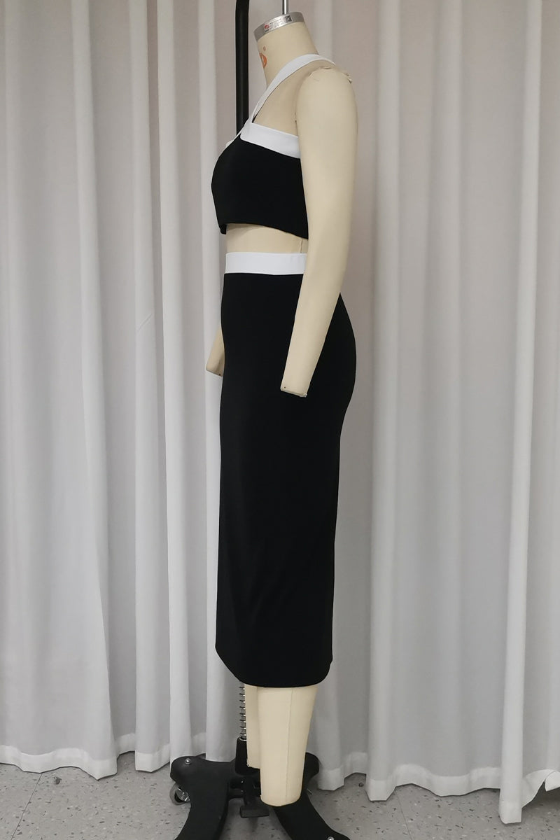 Sexy Slit Contrast Halter Sleeveless Two Pieces