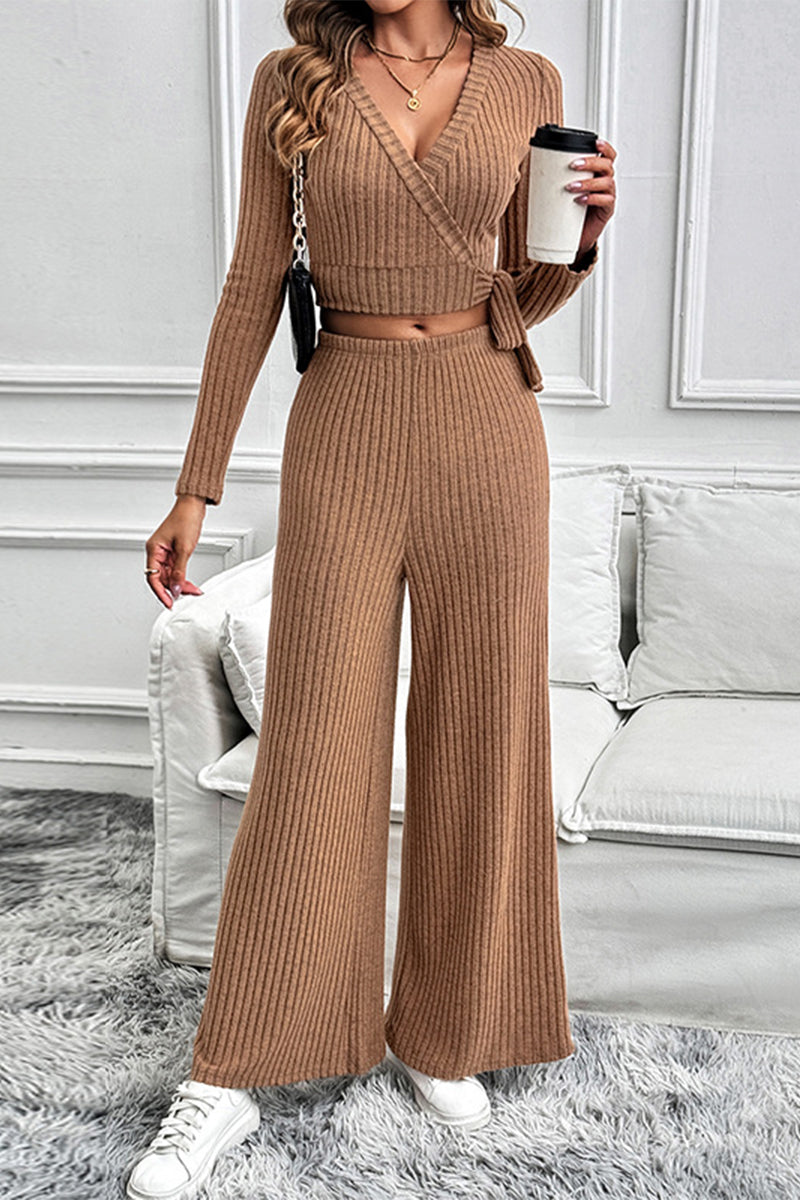 Casual Lace Up Potholes V Neck Long Sleeve Two Pieces